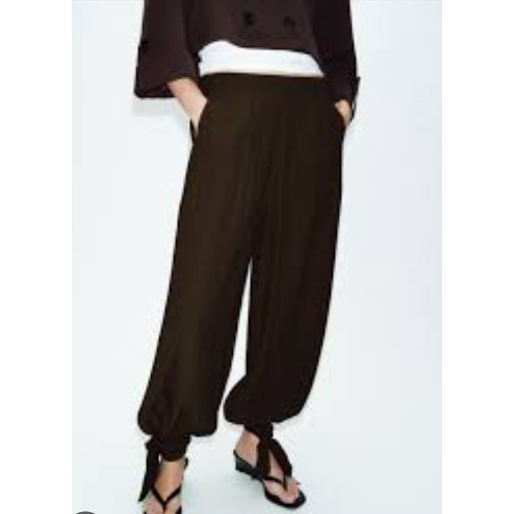 Zara Brown Textured Tie Cuff Trousers High Waist Pleated Pants XS 4387/037/716